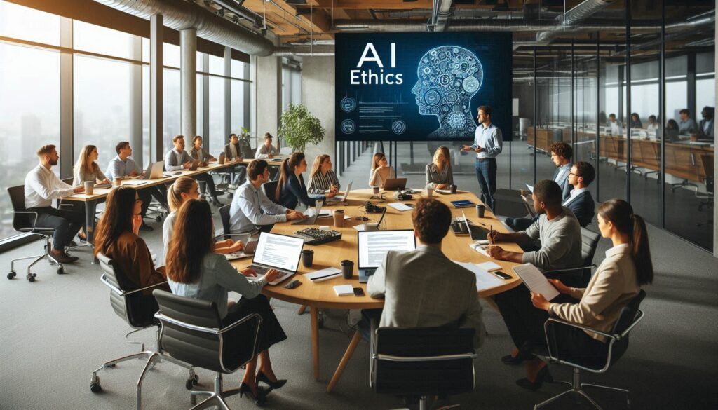 Professionals attending a workshop for AI ethics certification, learning to apply ethical practices in artificial intelligence systems.