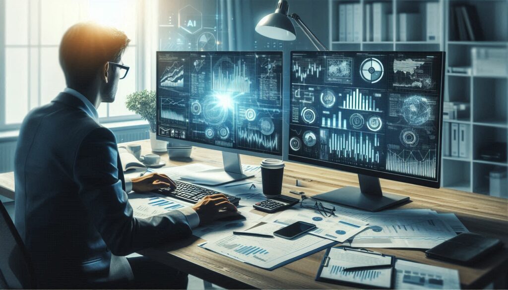 AI in financial automation powering real-time data analysis on dual-screen monitors for accurate trend prediction.