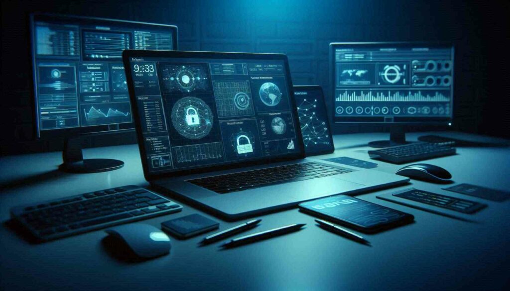 Variety of cybersecurity tools including laptops and smartphones for network security.