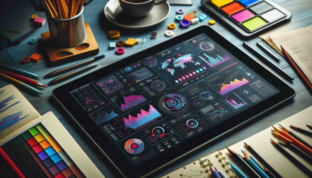 Tablet screen showing data-driven design dashboard, representing how AI design courses teach professionals to analyze and use data insights for creative projects.