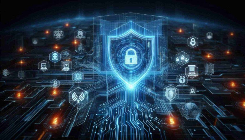 AI-powered firewall protecting digital network against cyber threats like malware and ransomware.AI Cybersecurity Skills Program