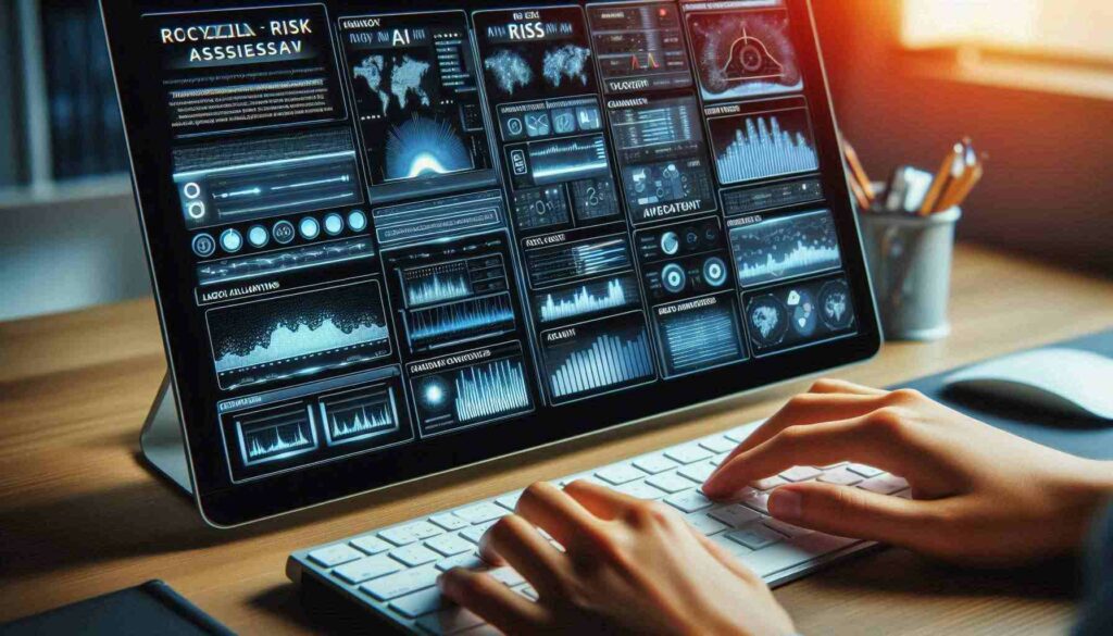 Close-up of a computer screen showing AI risk assessment tools, predictive models, and risk management data for AI applications.