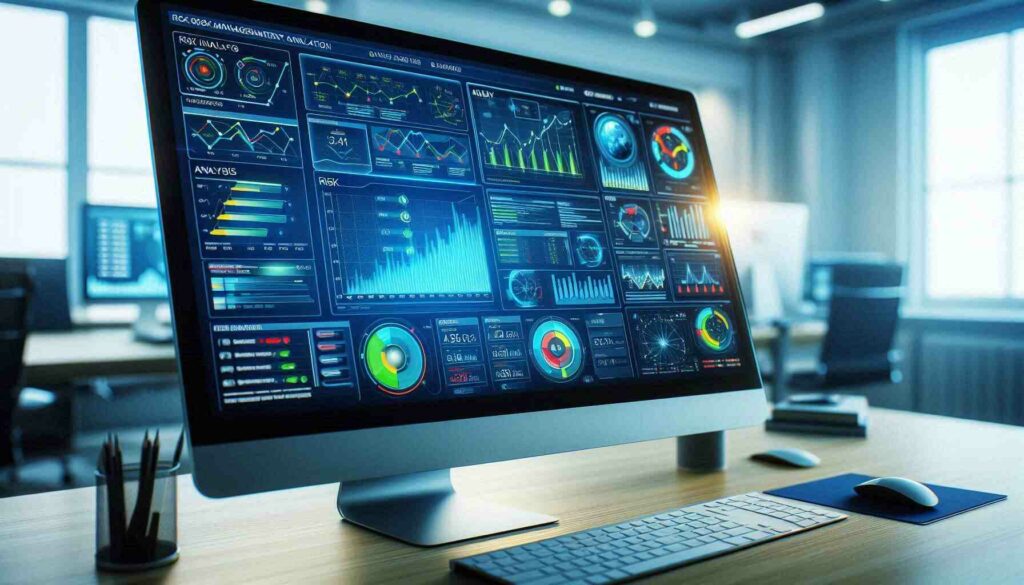 Risk management dashboard with data visualization, graphs, and risk indicators on a computer screen.AI Product Leadership Course