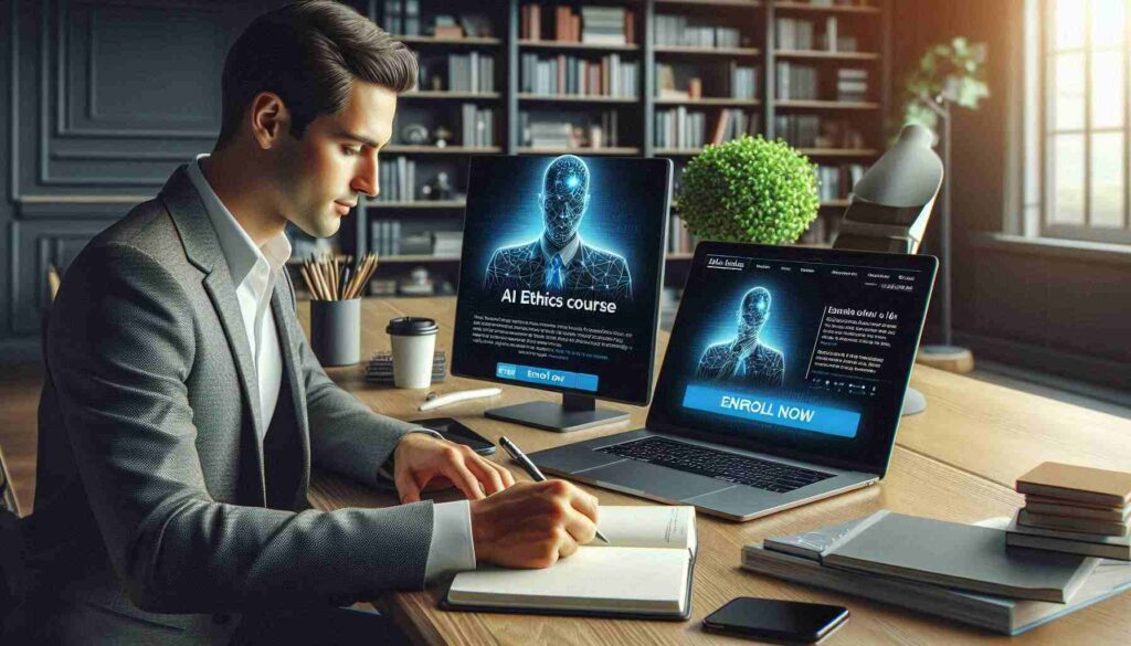 A professional researching "Enroll in AI Ethics Course" on a laptop, taking notes at a neatly organized desk with books and a coffee cup