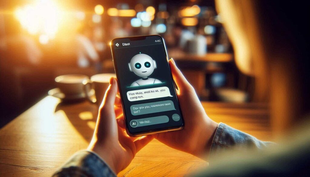Person interacting with AI chat support on a mobile device, receiving quick responses from a chatbot.