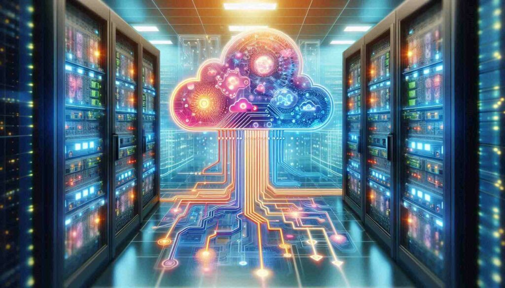 Illustration of cloud-based AI architecture showing interconnected data pipelines, neural networks, and cloud storage systems in a modern data center.