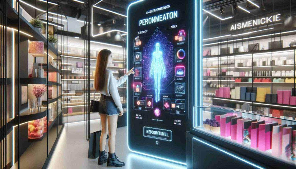 "AI-powered personalized shopping experience in a retail store, showcasing customer targeting through interactive screens."

