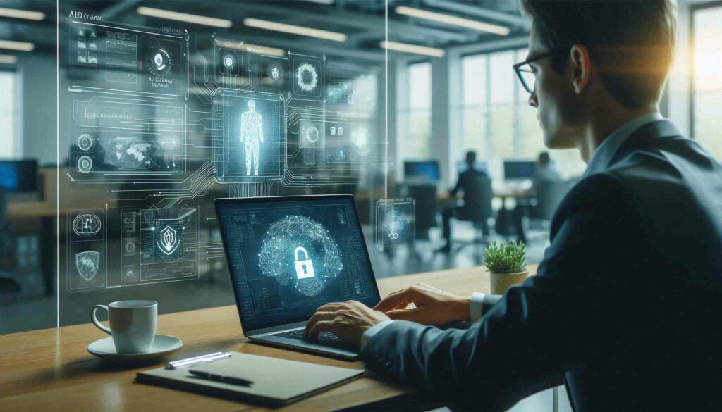 Cybersecurity professional using AI security tools for network protection.