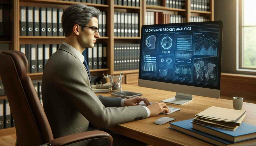 "Certified government official analyzing AI data on computer screen, ensuring ethical AI governance in public administration."