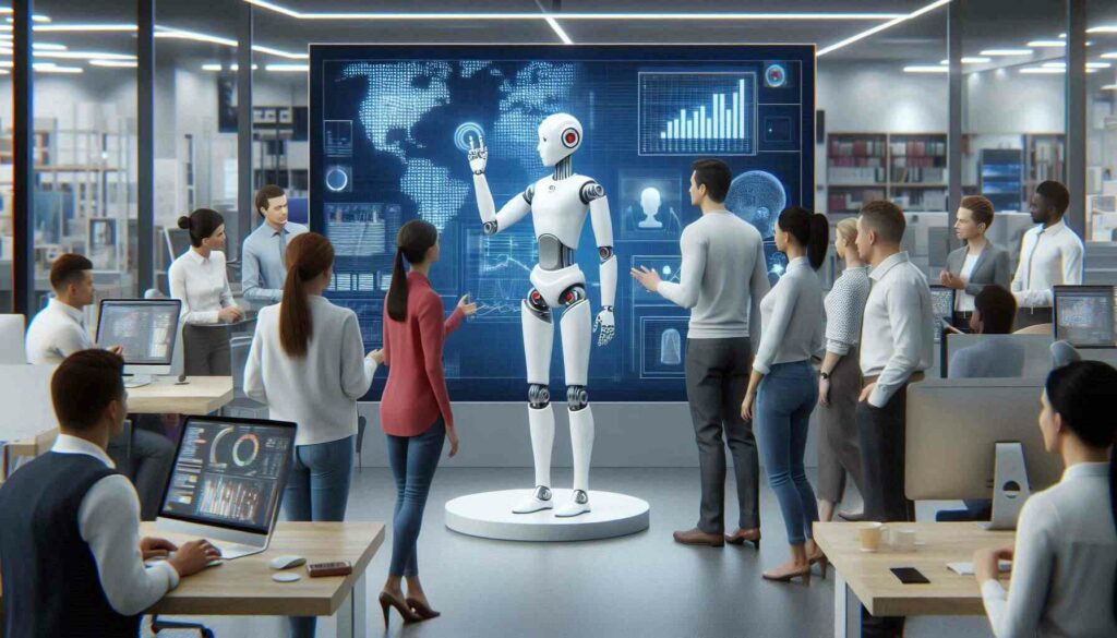 An AI robot collaborating with office workers on data analysis, demonstrating AI robotics in workplace environments.