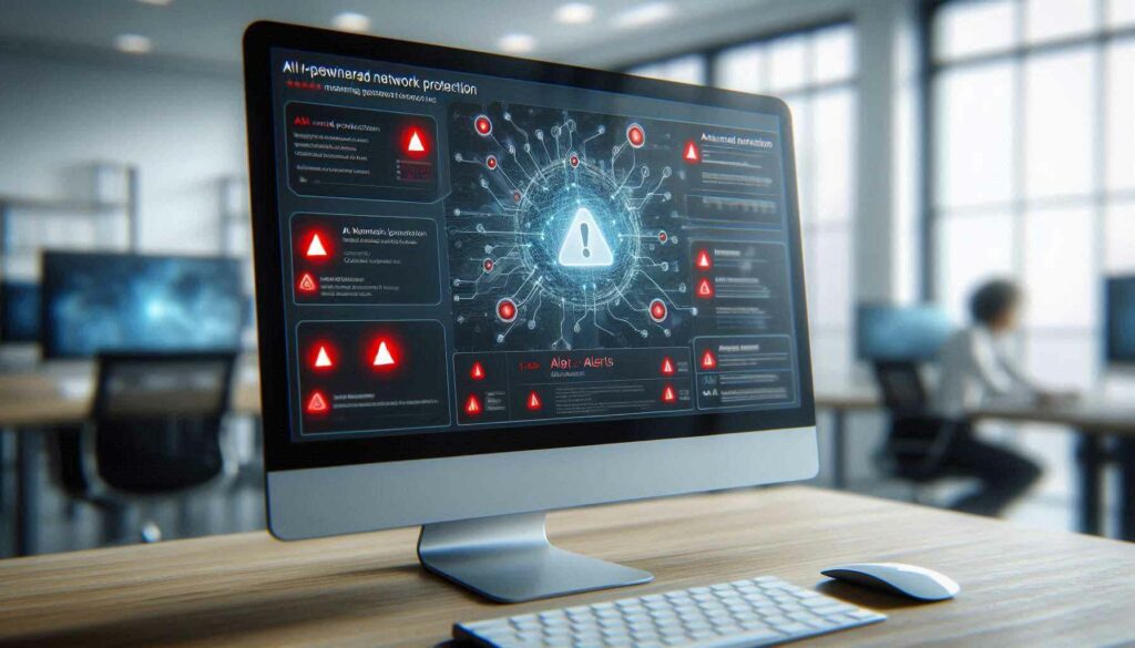 AI network protection training interface showing real-time alerts and AI-driven detection of cybersecurity threats.