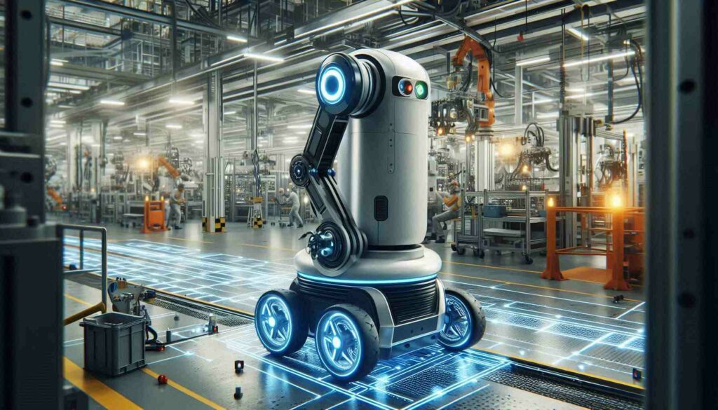 An autonomous robot powered by AI in robotics engineering, navigating a factory floor with precision and autonomy.