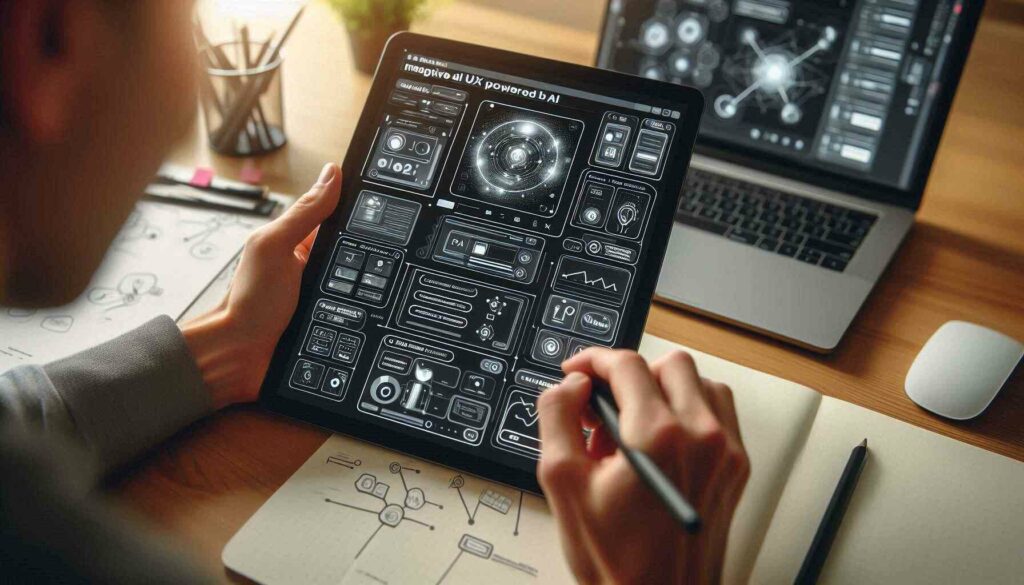 A close-up of hands on a tablet, working on AI-powered UX design prototypes and learning AI UX techniques.