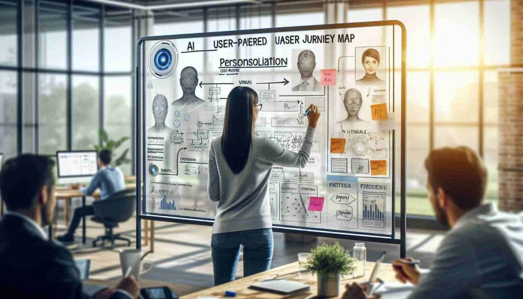 UX team using AI-powered user journey mapping on a whiteboard, with a focus on personalization and predictive analytics.