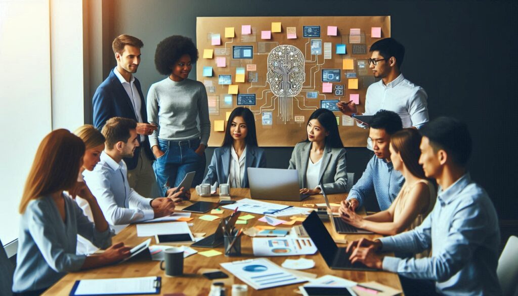 Diverse AI team collaborating on AI architecture development in a modern conference room.