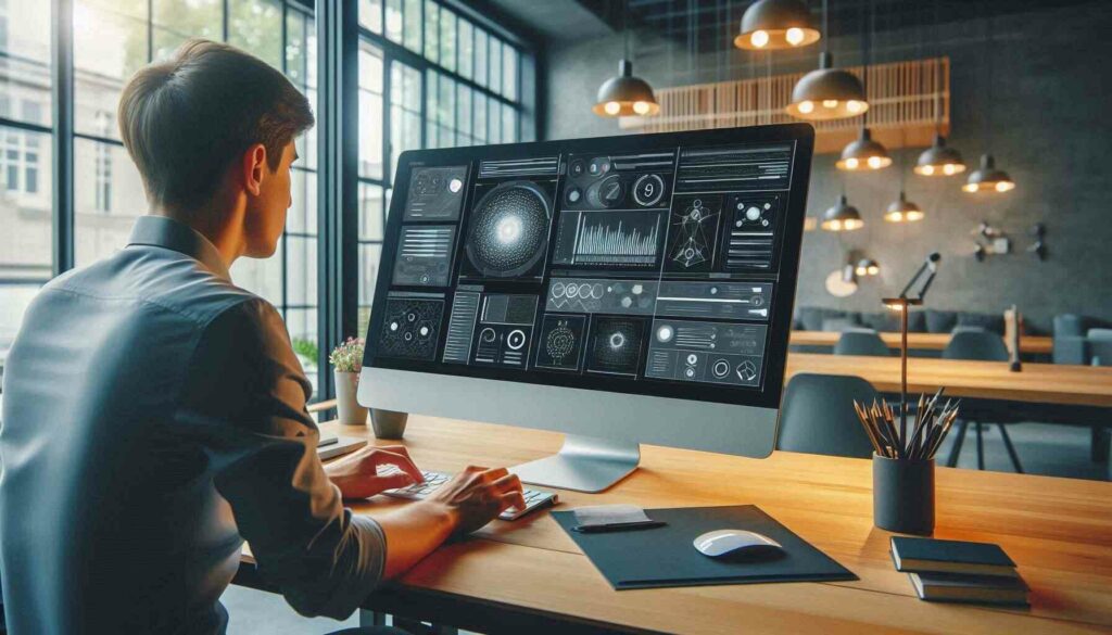 UX designer working on advanced AI interface for user experience design, in a high-tech workspace with modern computer and data visualizations.