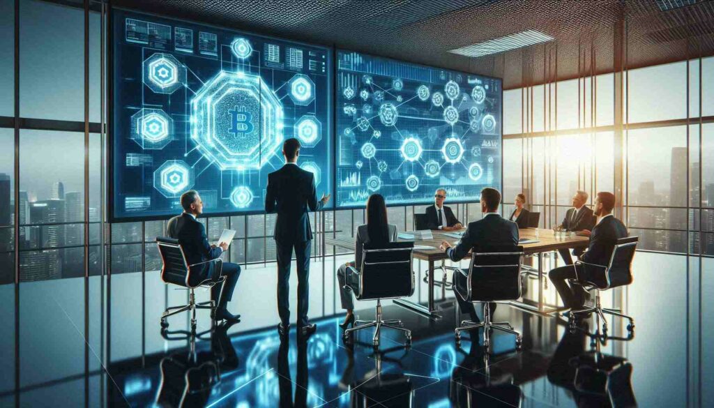 Business leader explaining blockchain technology in a high-tech boardroom meeting for Learn Blockchain for Leaders.