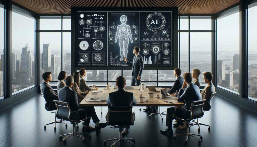 Executive leading an AI strategy meeting with a team of business leaders in a modern office, discussing AI management and training strategies.