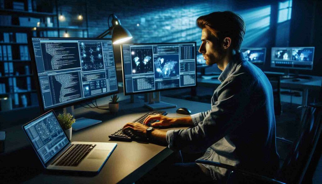 AI Cybersecurity Skills Program expert analyzing data on multiple screens with network security alerts and code in a modern office.