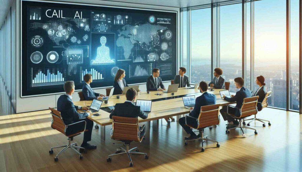 A diverse team of professionals in a conference room discussing AI risk management strategies, with a projector displaying AI models and risk analysis charts.