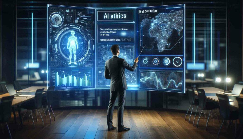 A business professional presenting ethical AI risk management strategies, with a digital board showing AI bias and risk analysis.