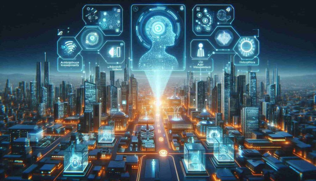 A futuristic smart cityscape with AI-driven user interfaces connecting devices, showcasing the transformative potential of AI UX Automation Certification.