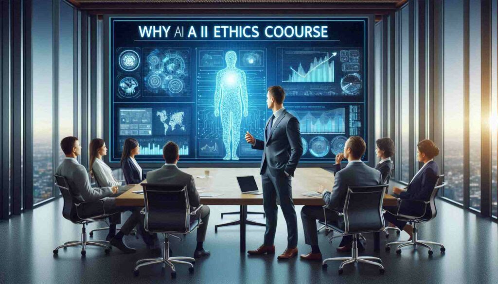 A tech professional presenting a report on AI ethics in a corporate boardroom, with a slide titled "Why You Should Enroll in AI Ethics Course."