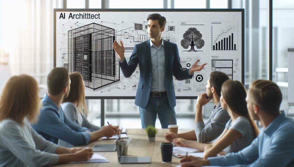 An AI architect leading a workshop on scalable AI architecture design, explaining a model on a digital whiteboard with engaged attendees.