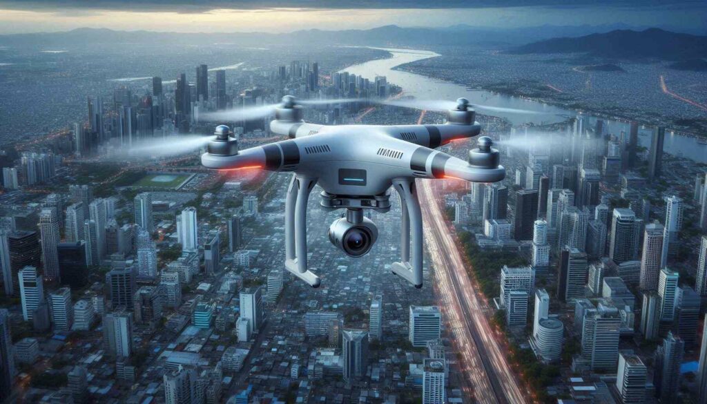 An AI-powered drone flying above a city, showcasing robotics and AI technology in urban surveillance and data gathering.