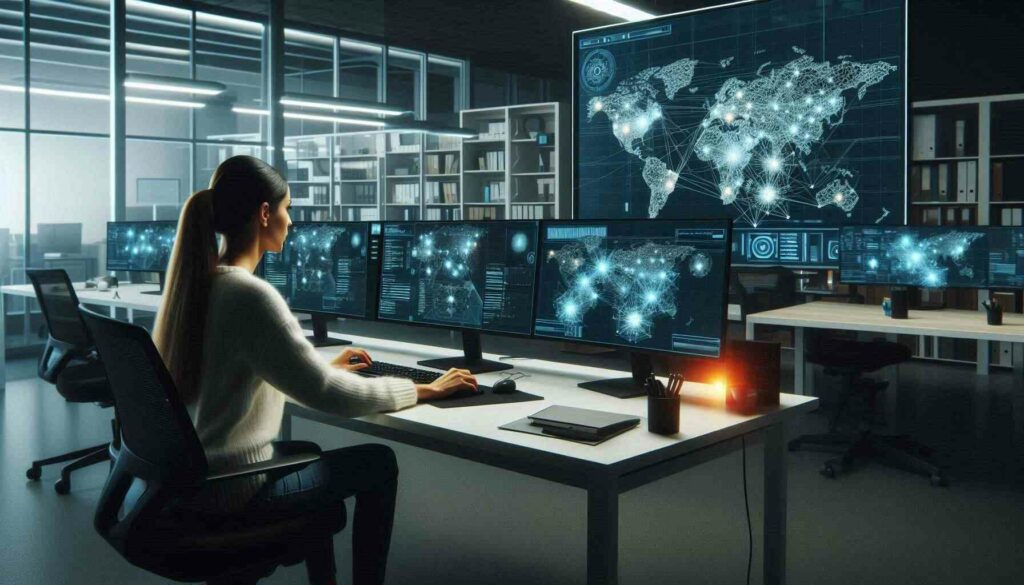 Cybersecurity analyst using AI network protection training to monitor and secure complex network systems.