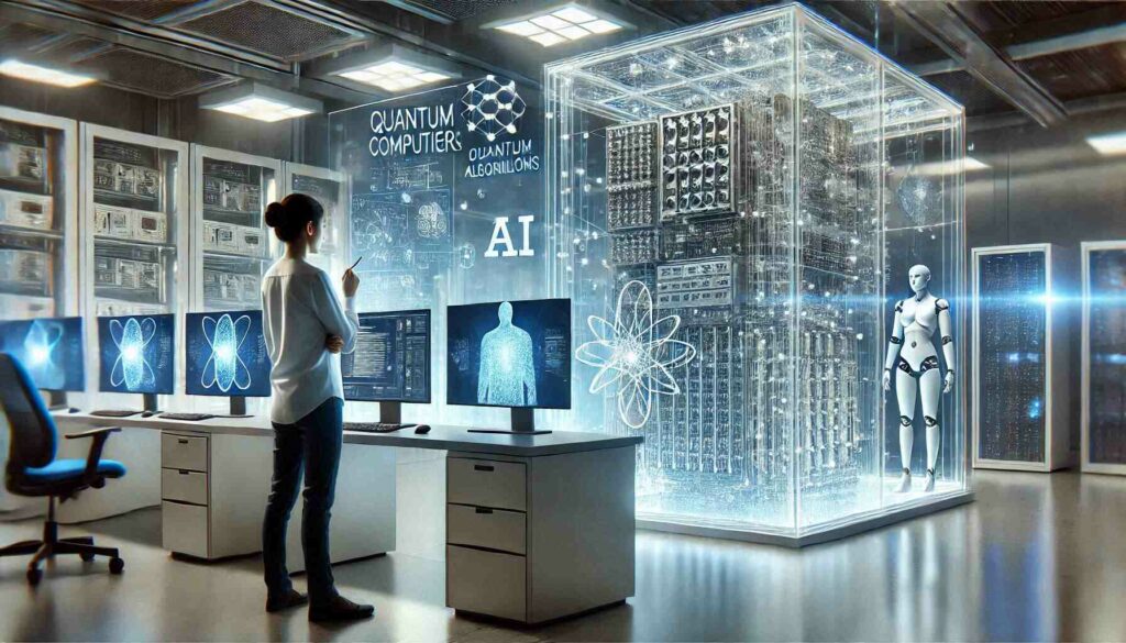 A researcher in a high-tech lab using AI to analyze quantum computing data, showcasing the role of AI in driving quantum innovations.