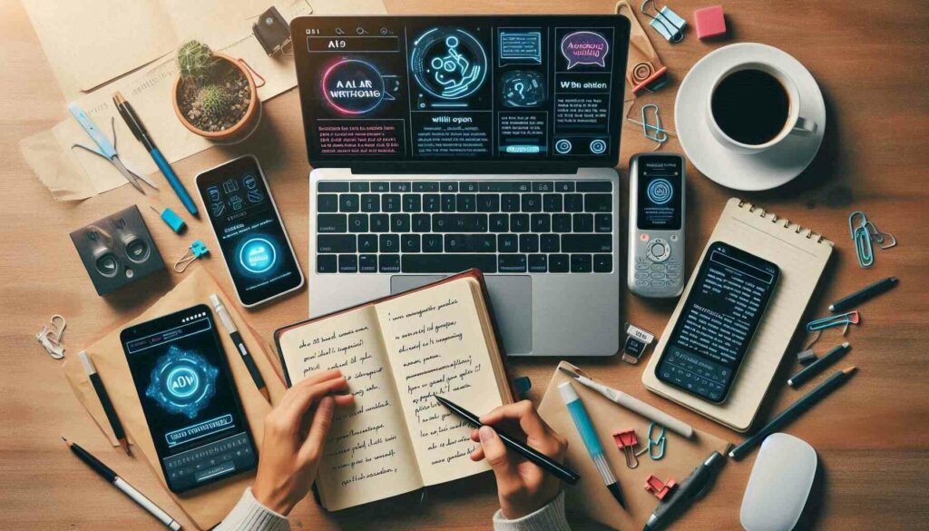 A modern writer’s desk displaying various AI-driven writing tools, including a laptop, tablet, and smartphone, for efficient content creation.