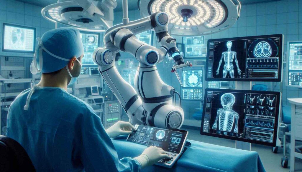 A healthcare robot powered by AI in robotics engineering, assisting a surgeon during a complex surgery with precision.