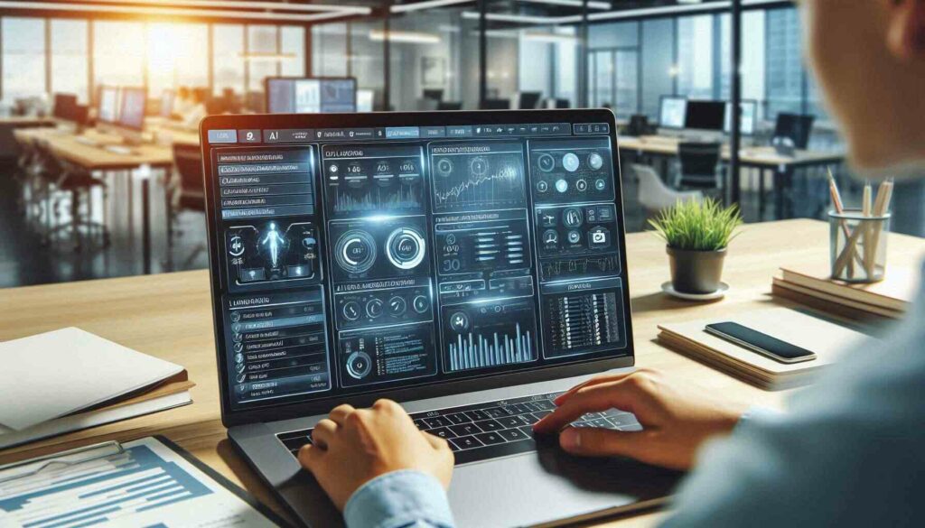 Close-up of an AI project management dashboard on a laptop screen, showing project timelines, AI model metrics, and task management.