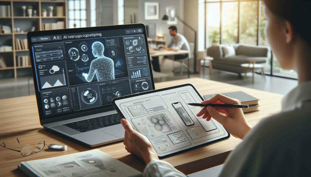 AI UX designer testing digital prototype with AI-based analytics, including user data metrics and heatmaps in a modern workspace.