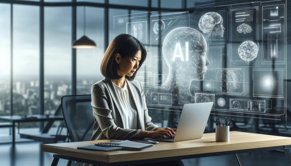 AI architect designing AI solutions in a modern office setting with city skyline view.