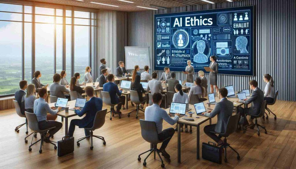 A group of professionals from various industries attending an interactive AI ethics workshop. The digital screens display "Enroll in AI Ethics Course," and participants are seen collaborating on case studies under the guidance of an instructor.