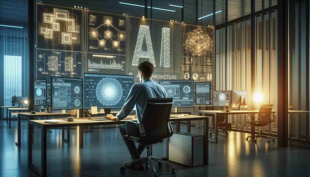 A professional AI architect designing scalable AI architecture in a modern workspace with monitors displaying complex data and architectural diagrams.