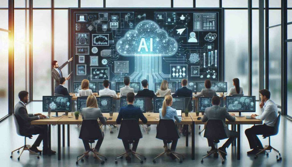 "A team of IT professionals collaborating on AI cloud computing projects, showcasing tools and architecture related to AI Cloud Computing Certification."

