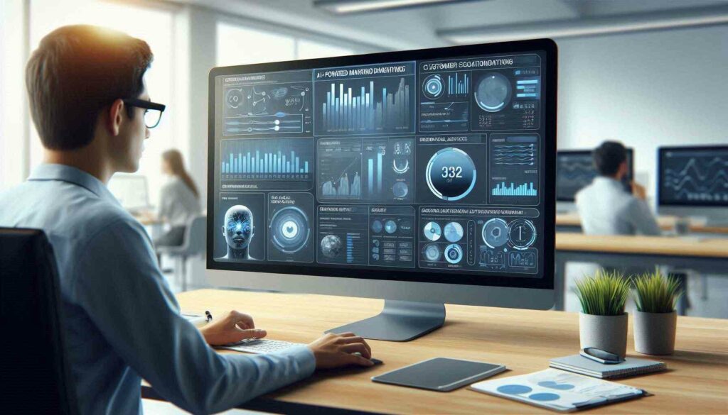 "AI customer targeting dashboard showcasing predictive analytics and customer segmentation in a modern office setting."

