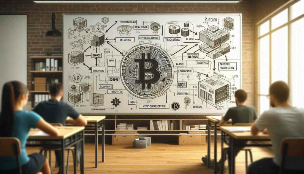 A whiteboard with a diagram illustrating the Bitcoin blockchain structure, part of a Bitcoin programming training session.