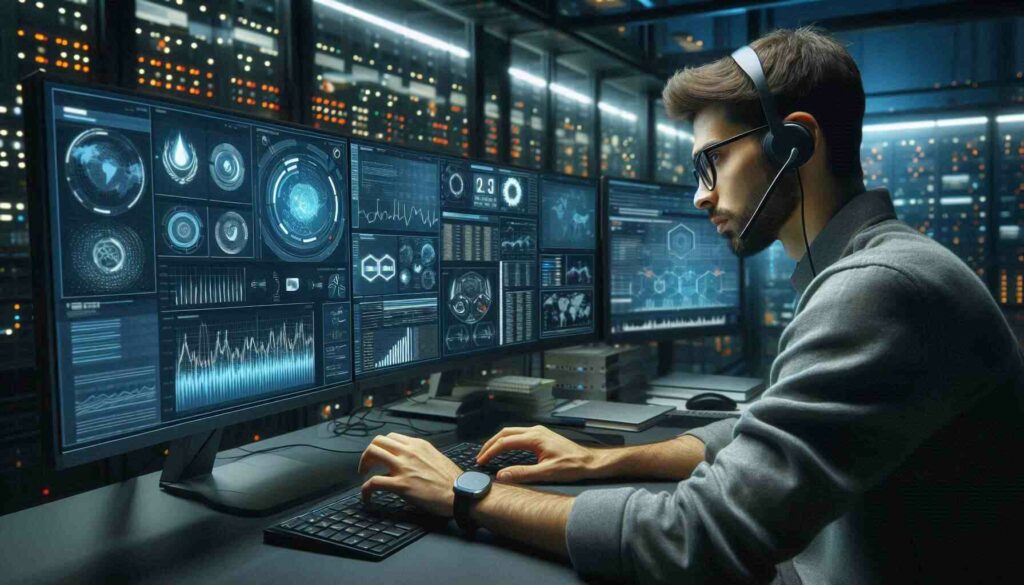 AI cybersecurity professional using advanced AI tools to detect and manage cyber threats in a modern cybersecurity operations center.