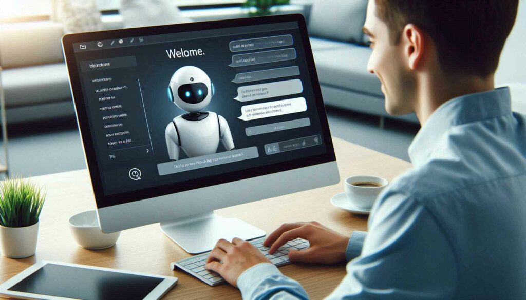 AI chatbot assisting a customer in a modern workspace, illustrating AI-driven customer service solutions.