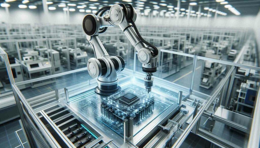 A robotic arm performing precision assembly on an electronic device in a state-of-the-art factory, showcasing AI robotics in industrial automation.