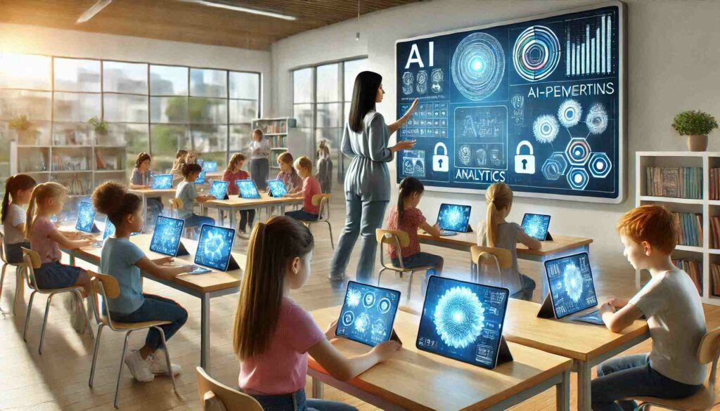 Interactive AI-powered classroom showcasing advanced tools used in AI in education training for personalized learning experiences.