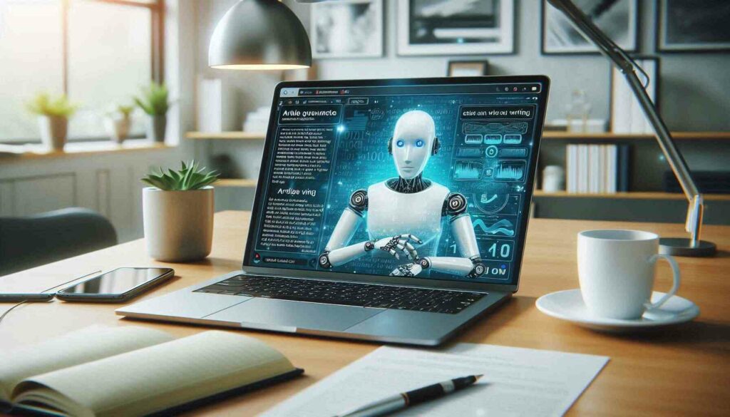AI-powered writing tool generating content on a laptop screen in a modern office setup for AI writing professionals.