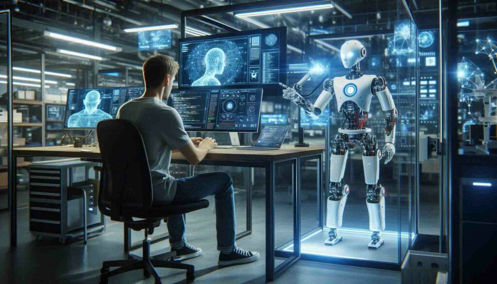 A robotics engineer learning AI in robotics engineering, programming an AI-powered humanoid robot in a futuristic workspace.