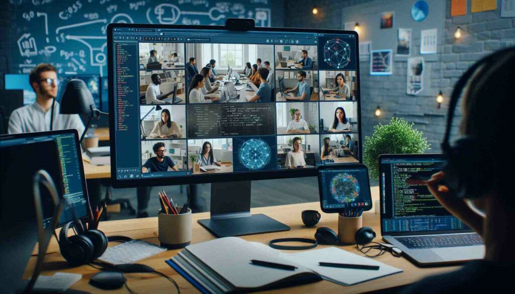 "Online AI developer training session featuring students collaborating on machine learning projects via virtual tools."

