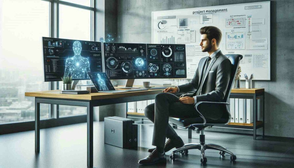 AI Project Manager overseeing AI project timelines and analytics in an office setting, using modern project management tools.