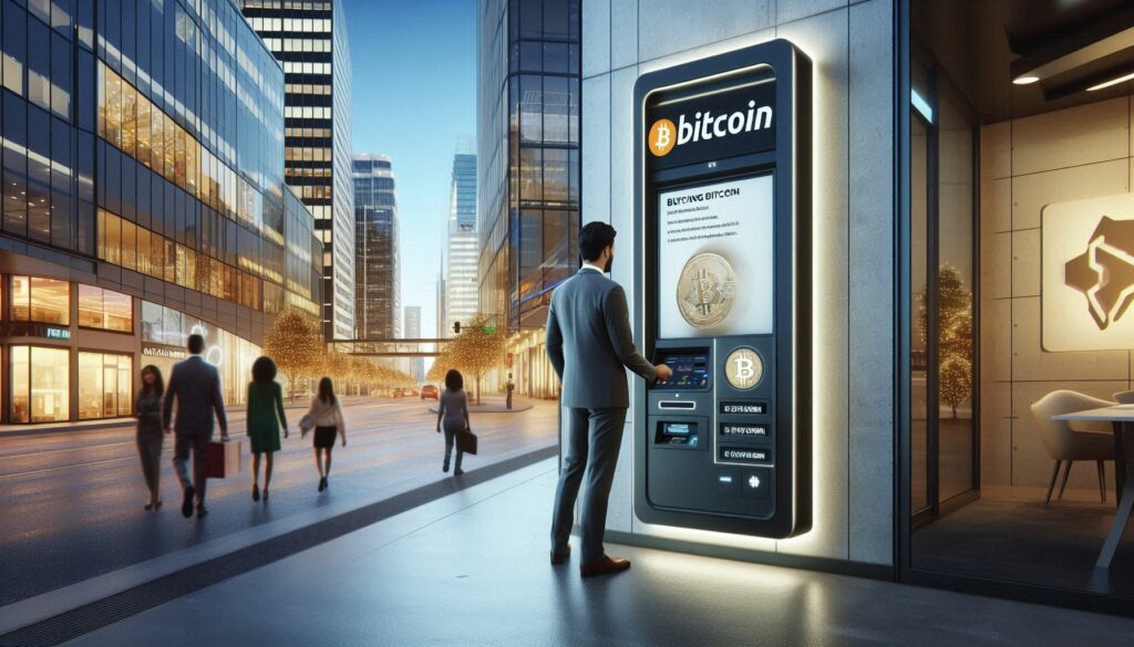 "A person buying Bitcoin at a Bitcoin ATM, showcasing how easy it is to become a Bitcoin user."

